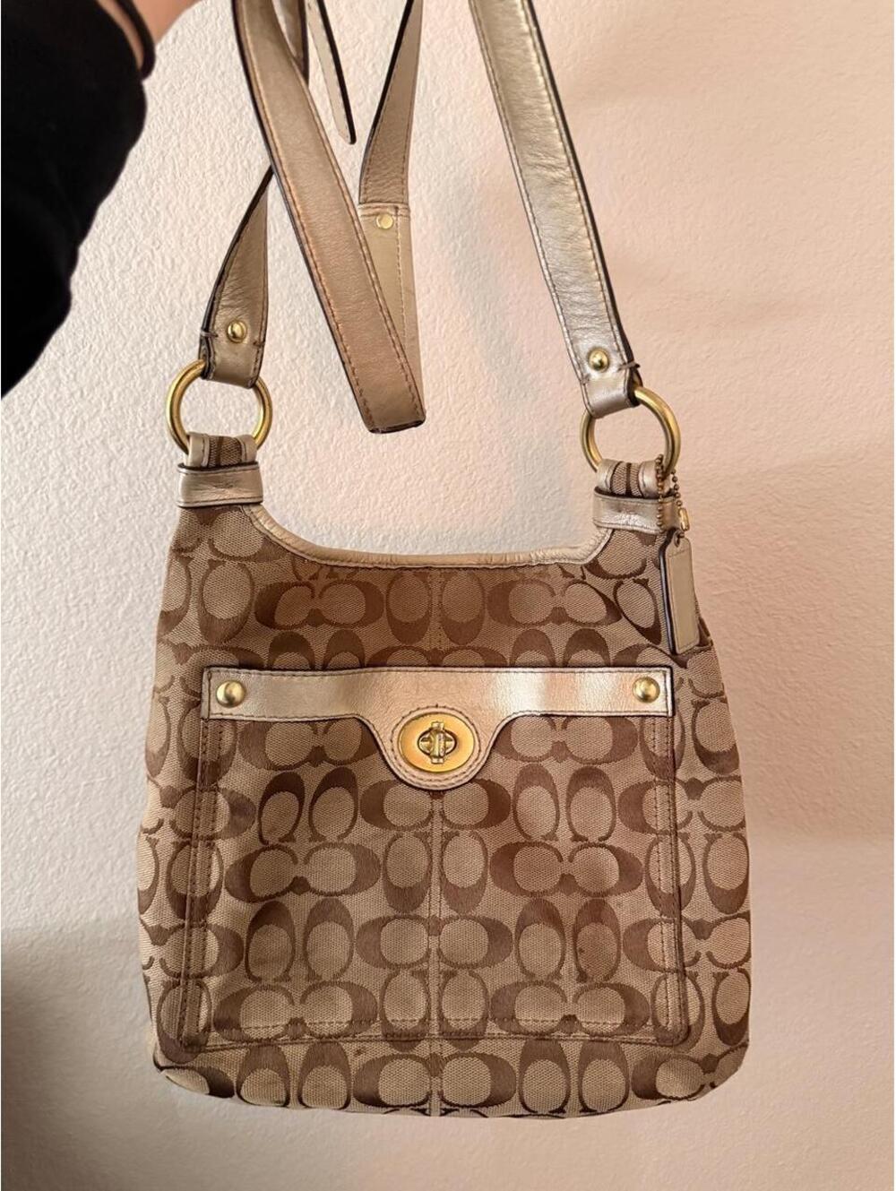 Coach Brown, Tan and Gold Crossbody Purse with Gold Hardware and Turnlock Pocket